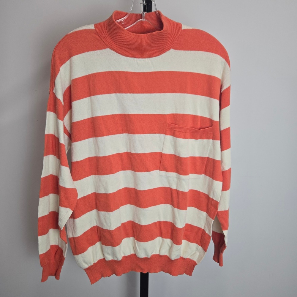 Callahan Knitwear Orange Cream Striped Cotton Mock Neck Sweater Pocket Womens M